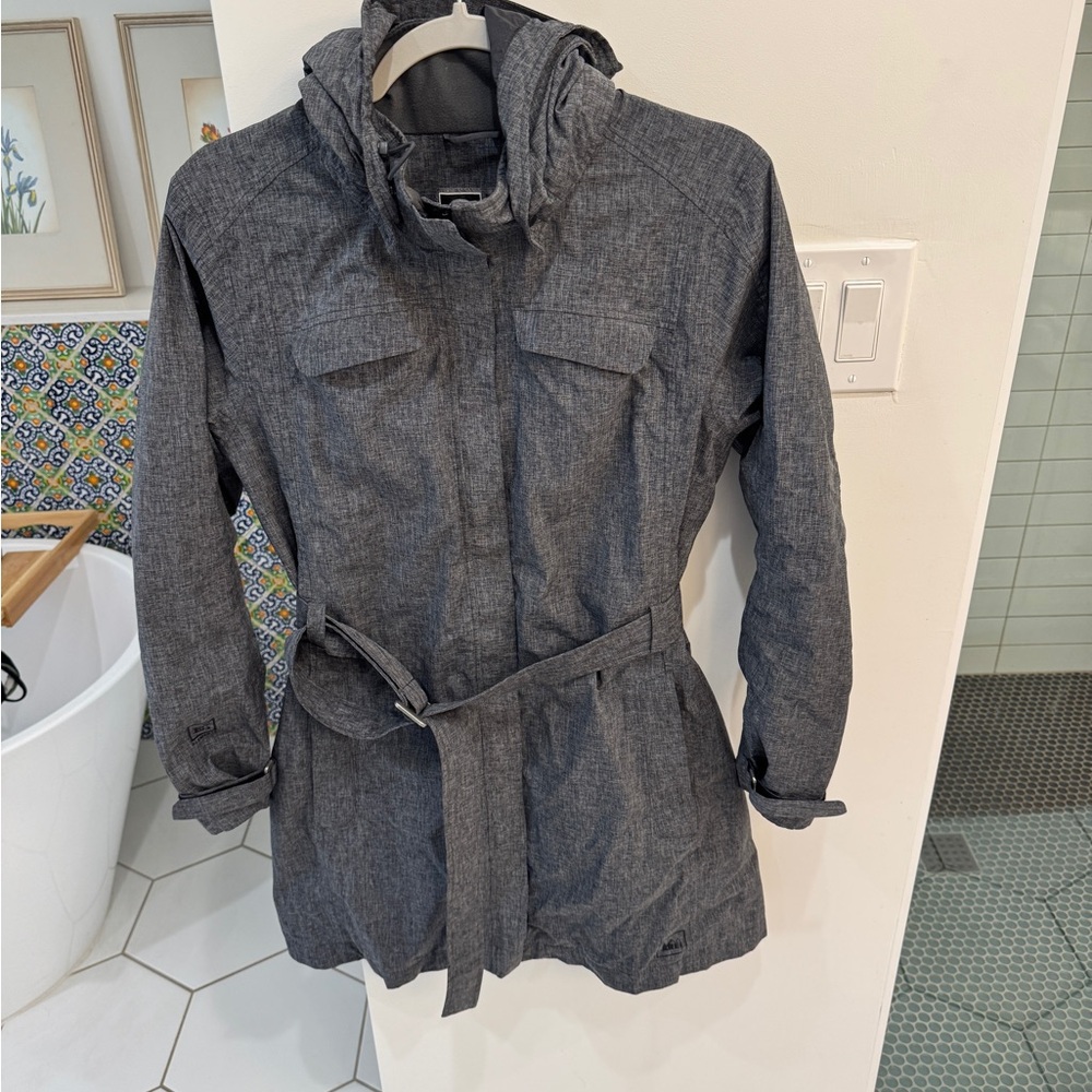 REI Co-op La Selva Rain Jacket Gray Trench Longline Waterproof Waist Tie Large